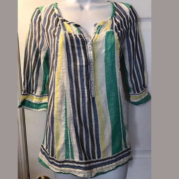 Anthro MERMAID Striped Linen Blouse Popover Peasant Top Shirt Blue Green Yellow - Picture 2 of 7